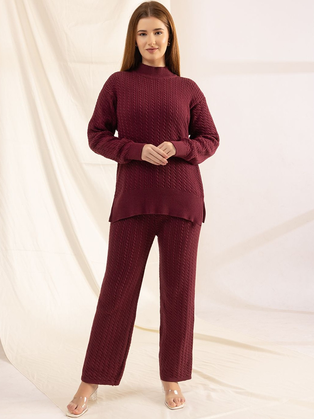 The Roadster Lifestyle Co Self Design Cable Knit Sweater & Wide-Leg Trousers Co-Ords