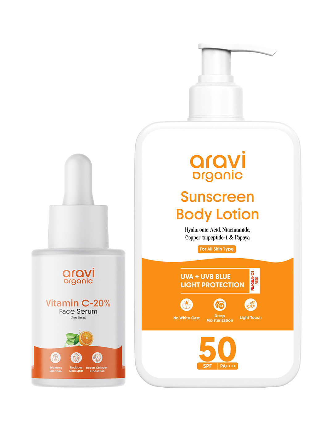 Aravi Organic Set Of 20 % Vitamin C Face Serum - 30ml & Sunscreen Body Lotion - 200ml