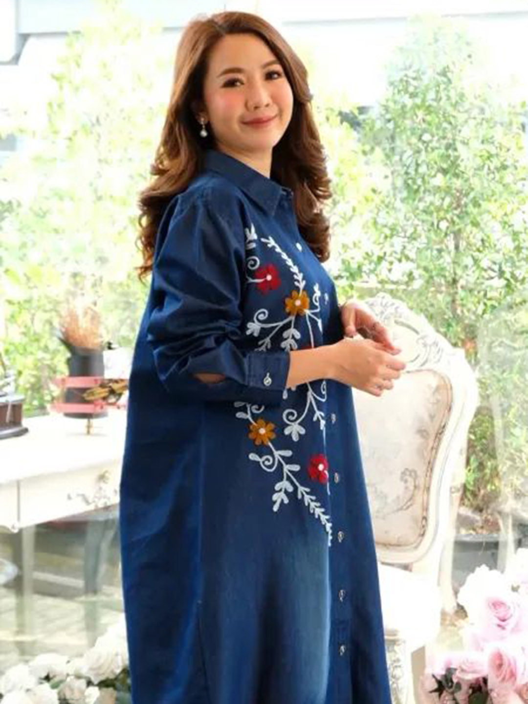 MANGGO Women Floral Embroidered Shirt Collar Puff Sleeves Denim Shirt Dress