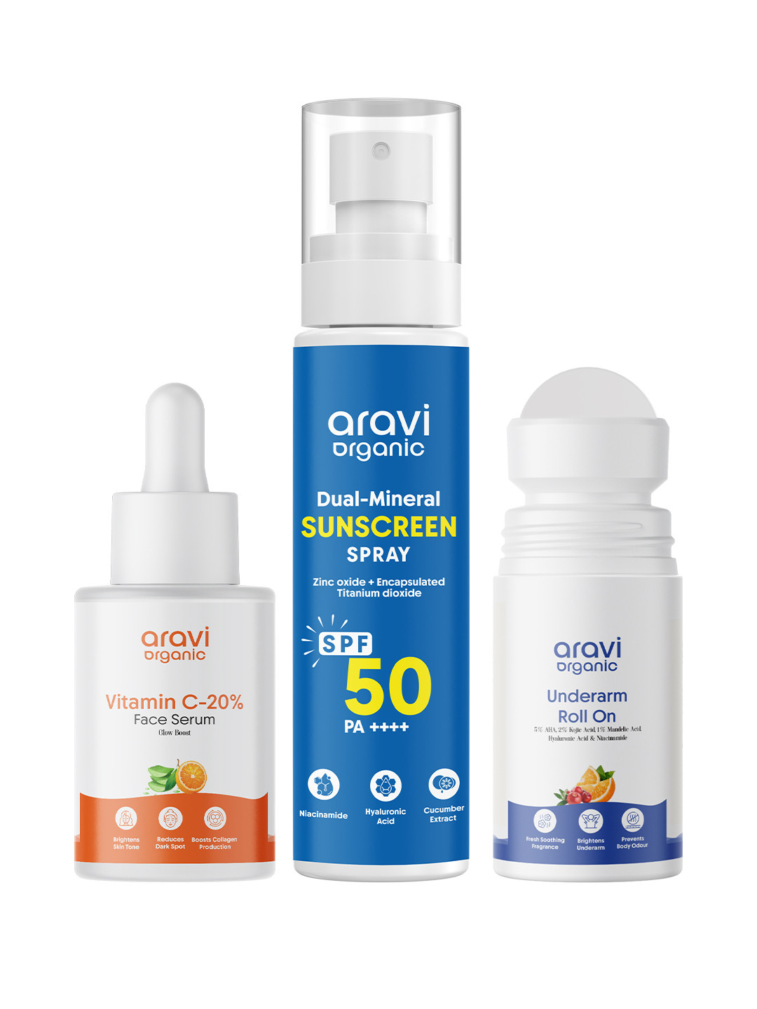 Aravi Organic Set Of 3 Vitamin C Face Serum- Sunscreen Body Spray & Under Arm Roll On