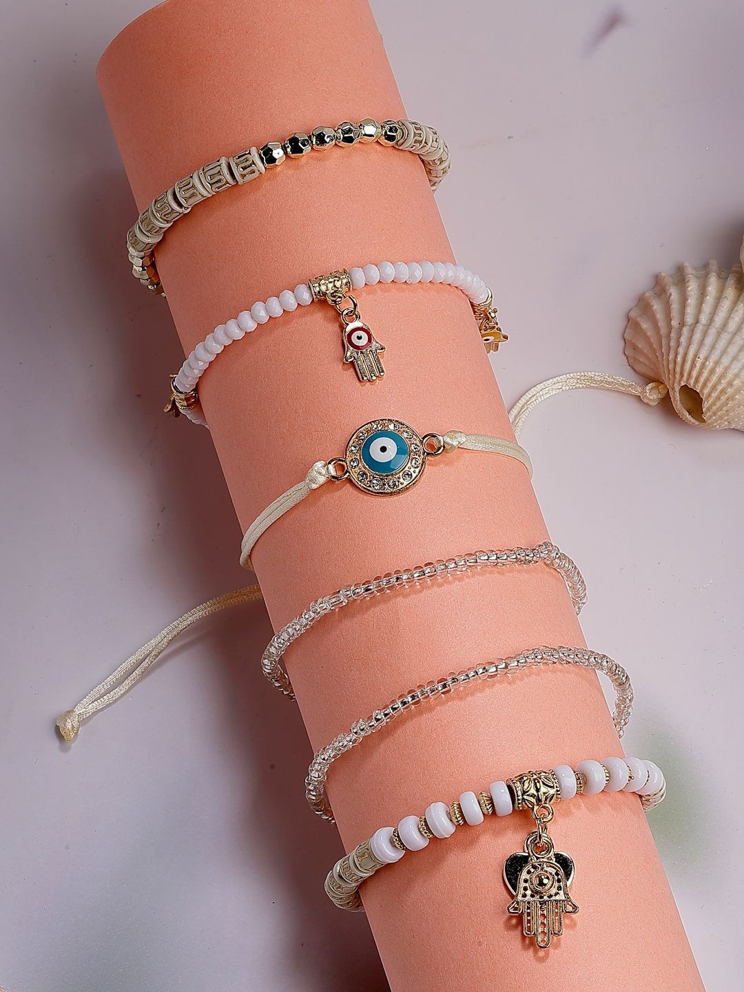 Scintillare By Sukkhi Set Of 6 Gold-Plated Stones Studded & Beaded Wraparound Bracelets
