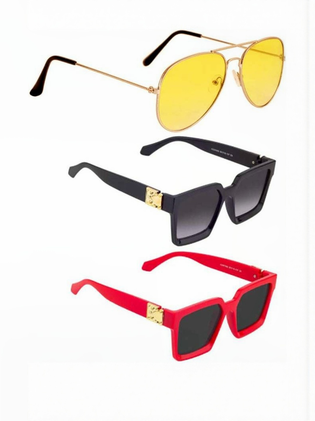 Arzonai Unisex 3 Pcs Black Red & Yellow Lens & Black Frame Oval Sunglasses