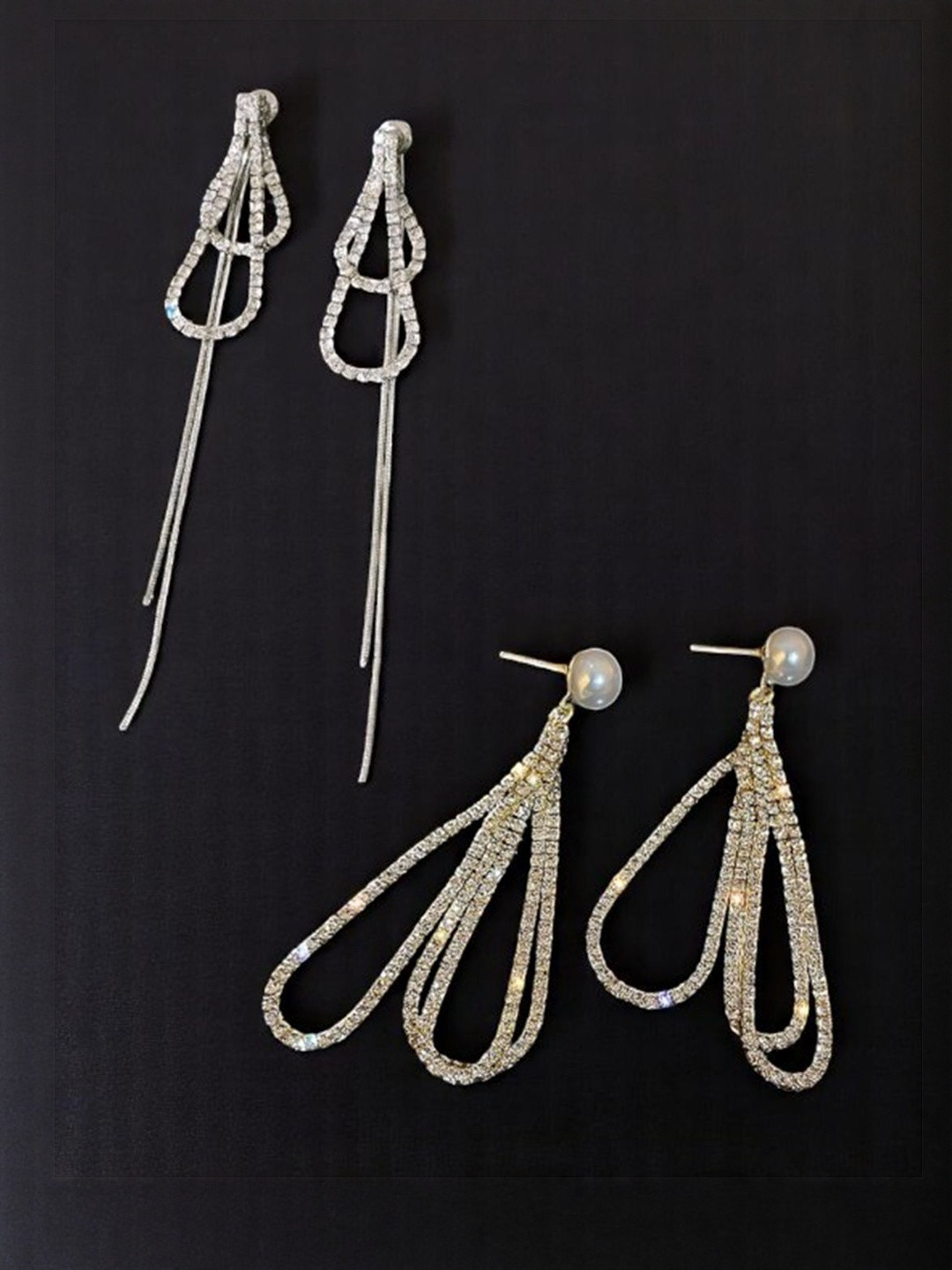 VAGHBHATT Women Set Of 2 Gold Pearl & Crystal Drop Combo Earrings