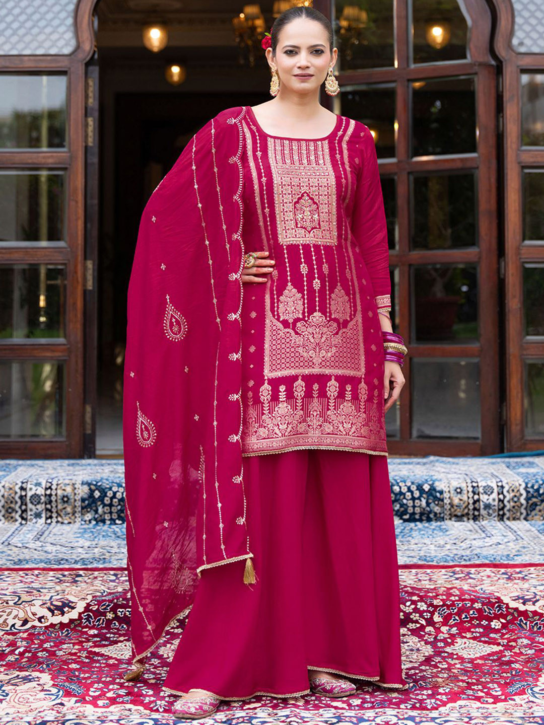 CHHAAP Women Jacquard Kurta with Plazzo and Embroidered Dupatta