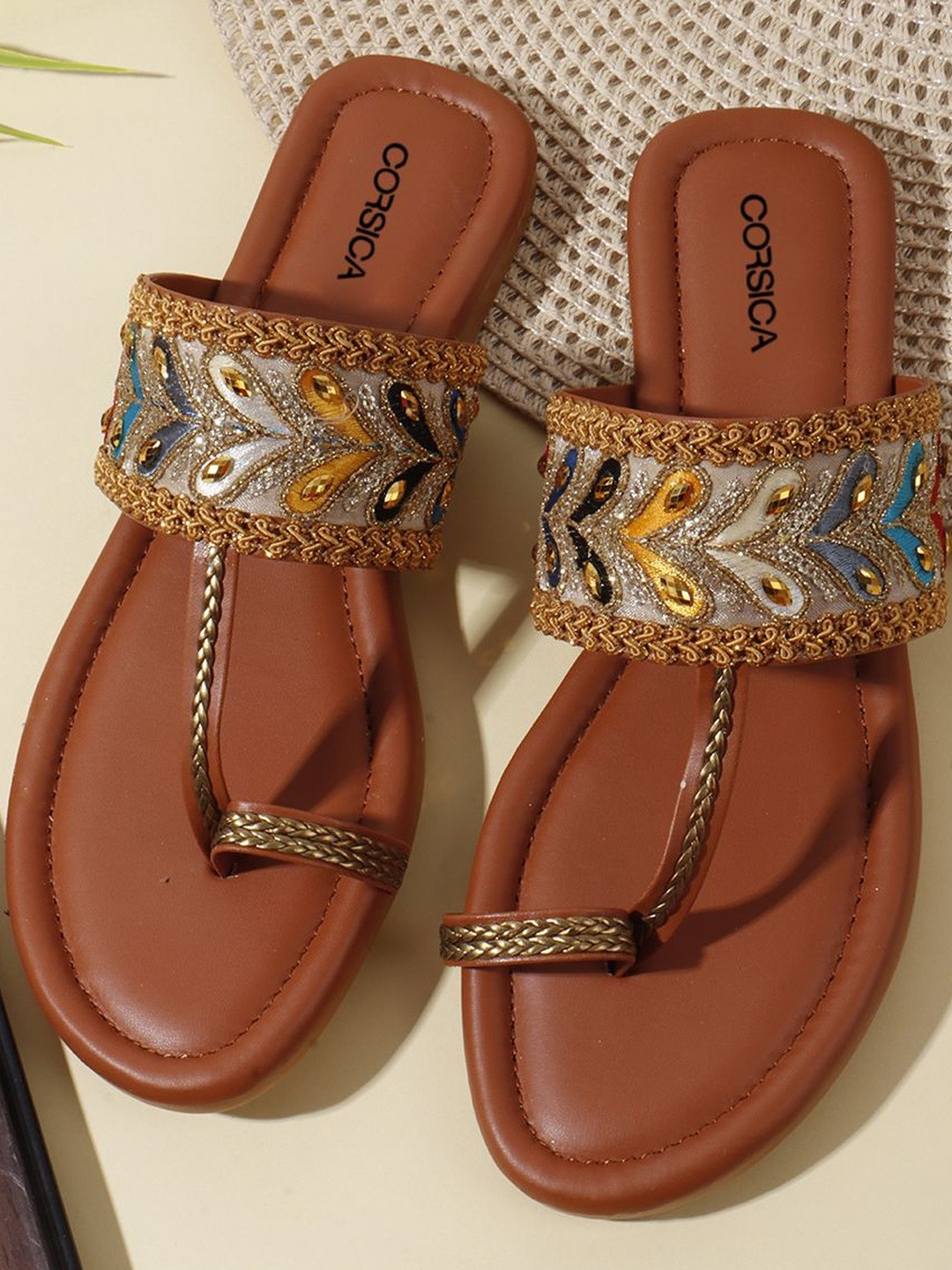 CORSICA Women Embellished One Toe Ring Style T-Strap Flats with Embroidered