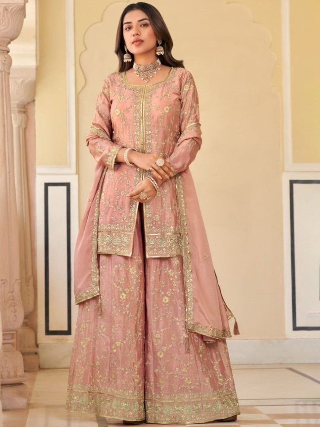 AUTUMN LANE Women Sarovar Moss Full Work Suit Set Kurta with Palazzos & Dupatta