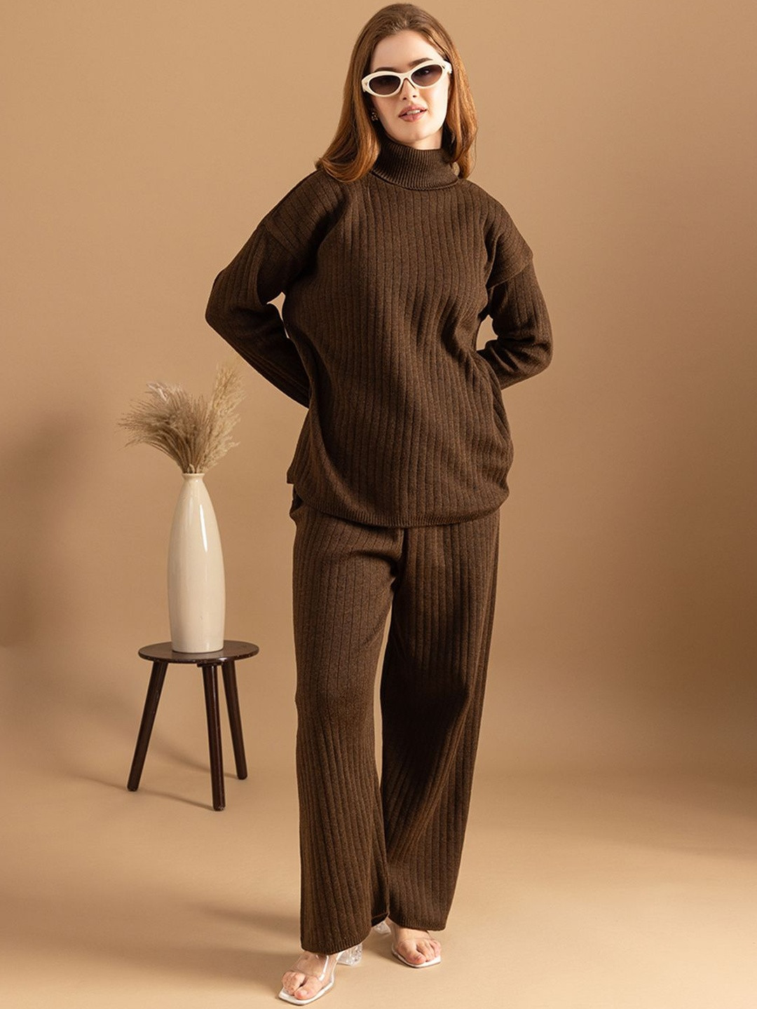 Roadster Women Brown Self Design Ribbed Knit Sweater & Wide-Leg Trousers Co-Ord