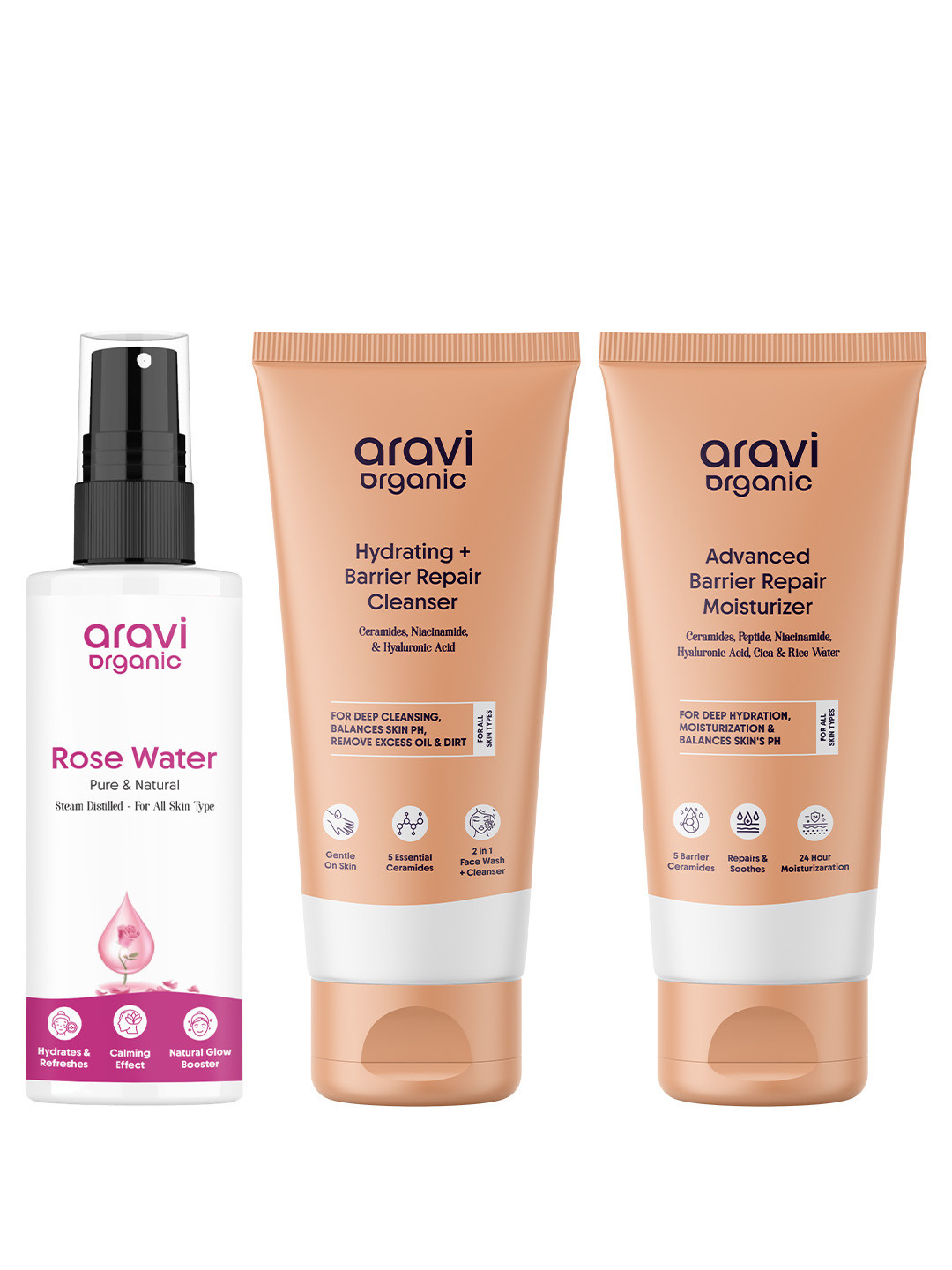 Aravi Organic Set Of 3 Rose Water- 150 ml-  Face Wash-100 ml & Moisturizer- 100 g