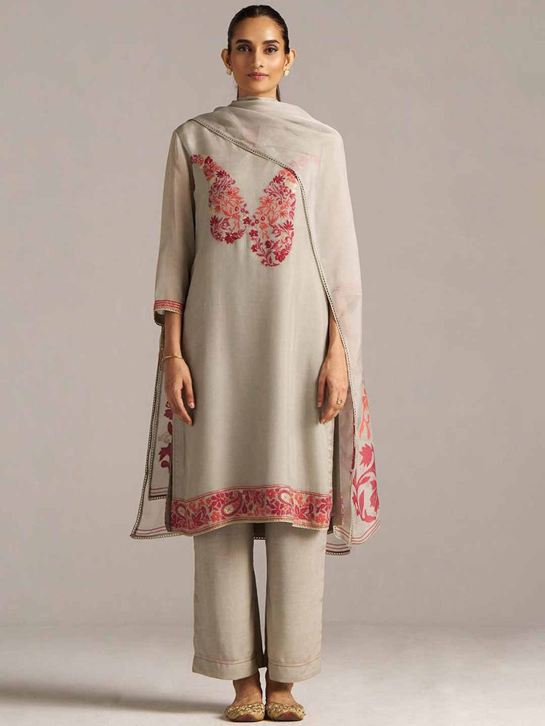 Ganga Women Grey Woven Orgenza Kurta Set