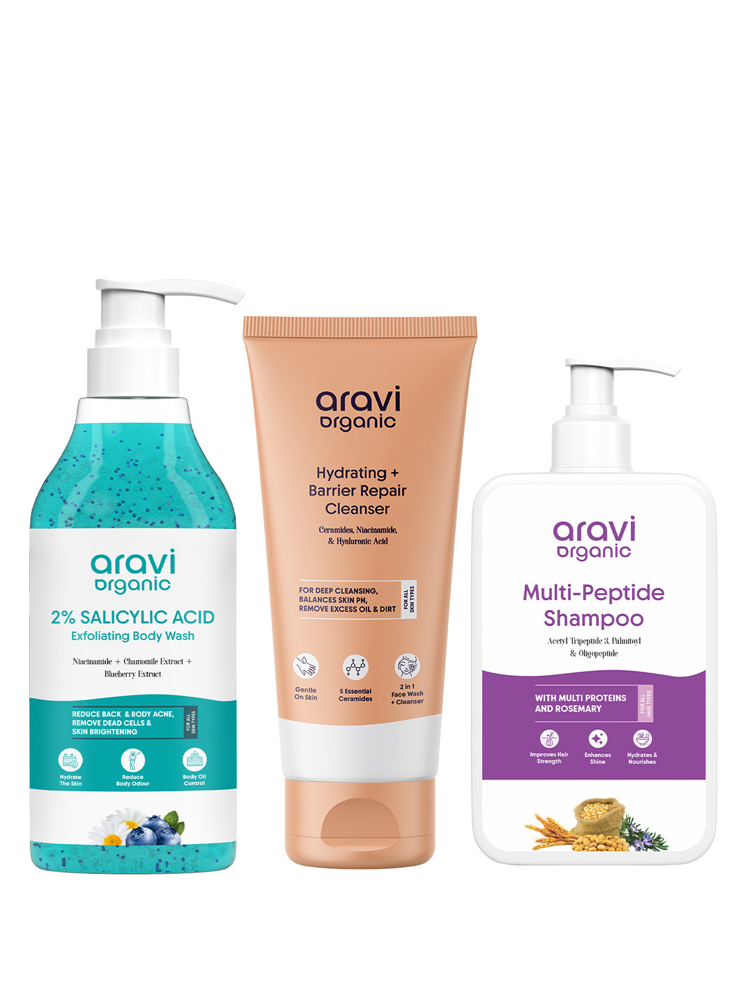 Aravi Organic Set Of 3 2% Salicylic Body Wash- 300 ml- Cleanser-100 ml & Shampoo- 200 ml