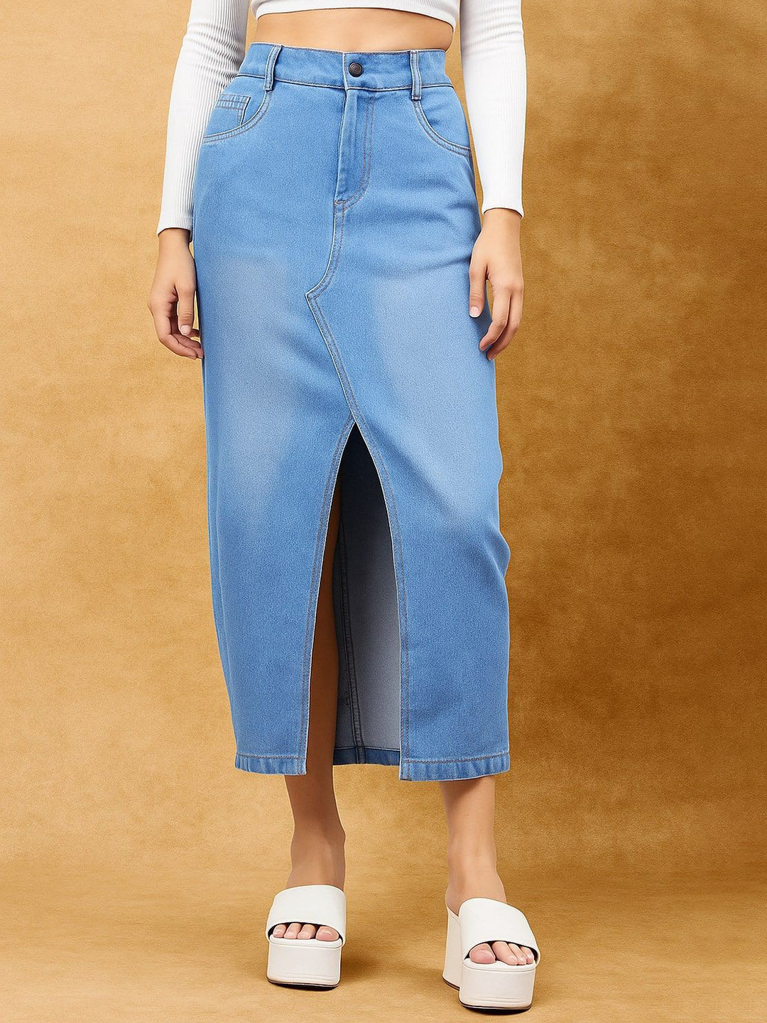 R.Code by The Roadster Life Co. Denim Front-Slit Straight Midi Skirt