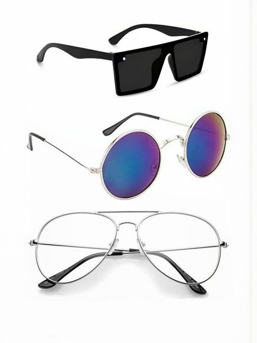 Arzonai Unisex Set of 3 Square Aviator & Round Sunglasses with UV Protected Lens