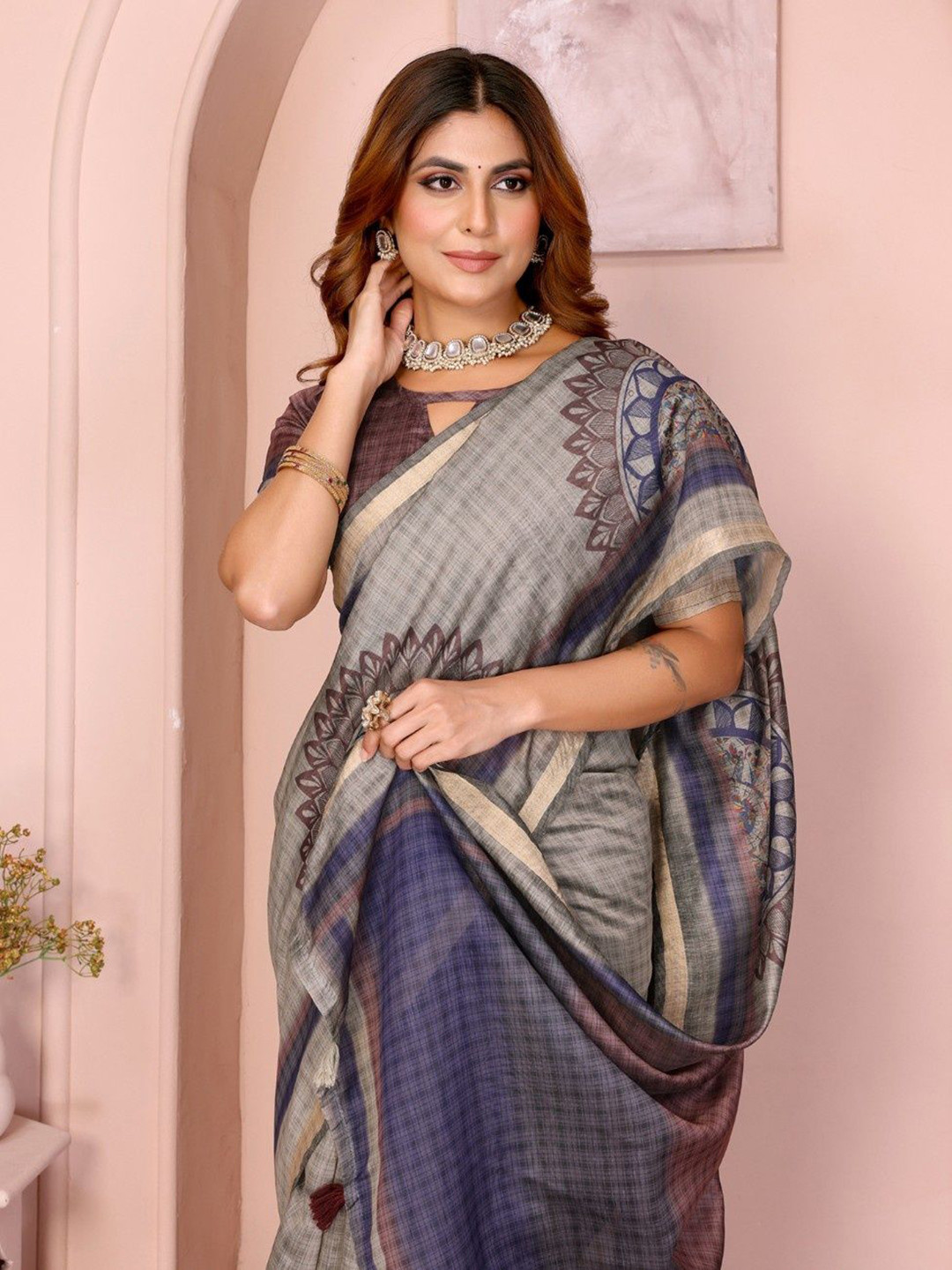 PRISHIL ENTERPRISE Ethnic Motifs Printed Checkered Chanderi Saree