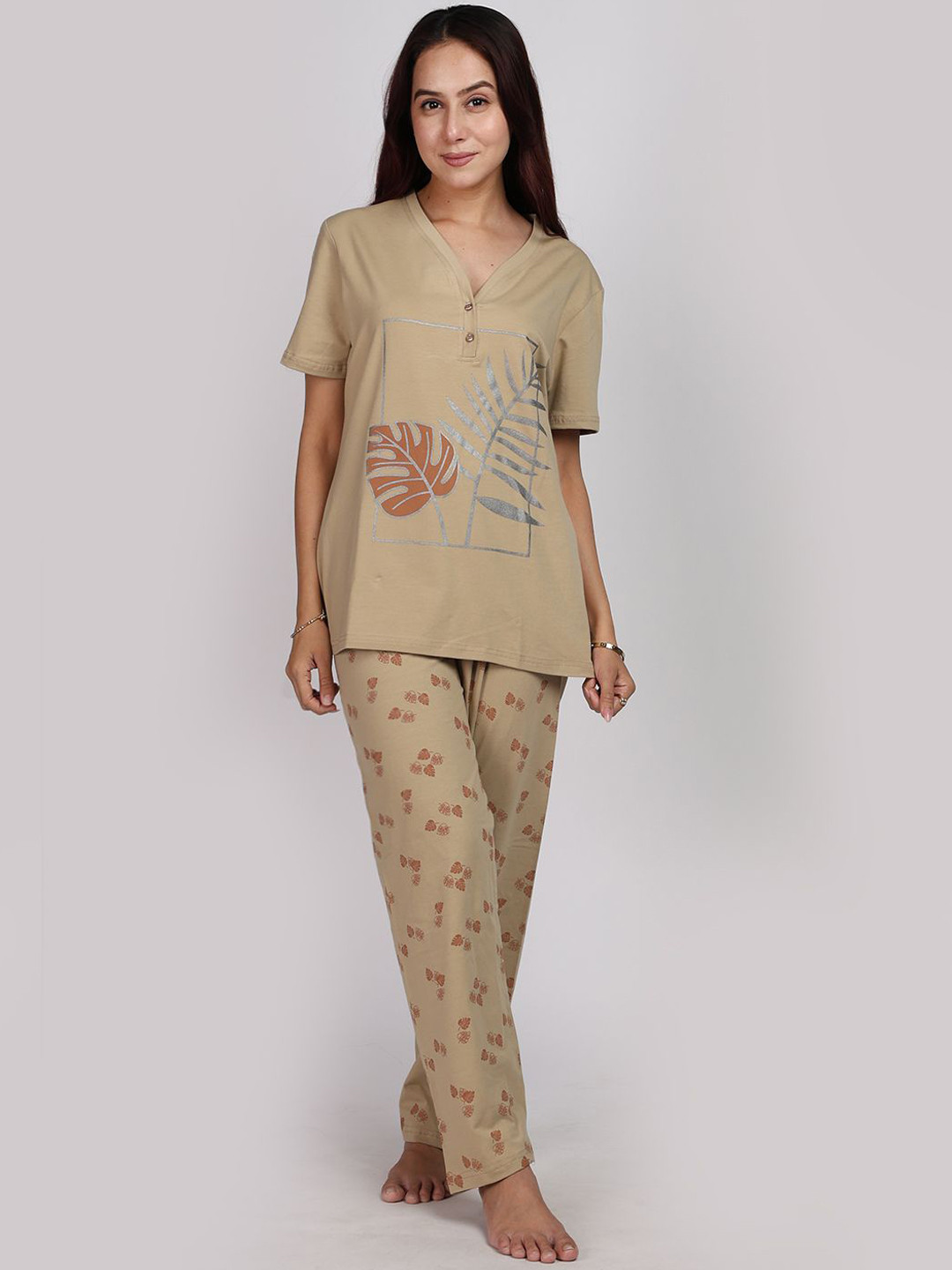 BAESD Women Tropical Leaf Cotton Night Suit