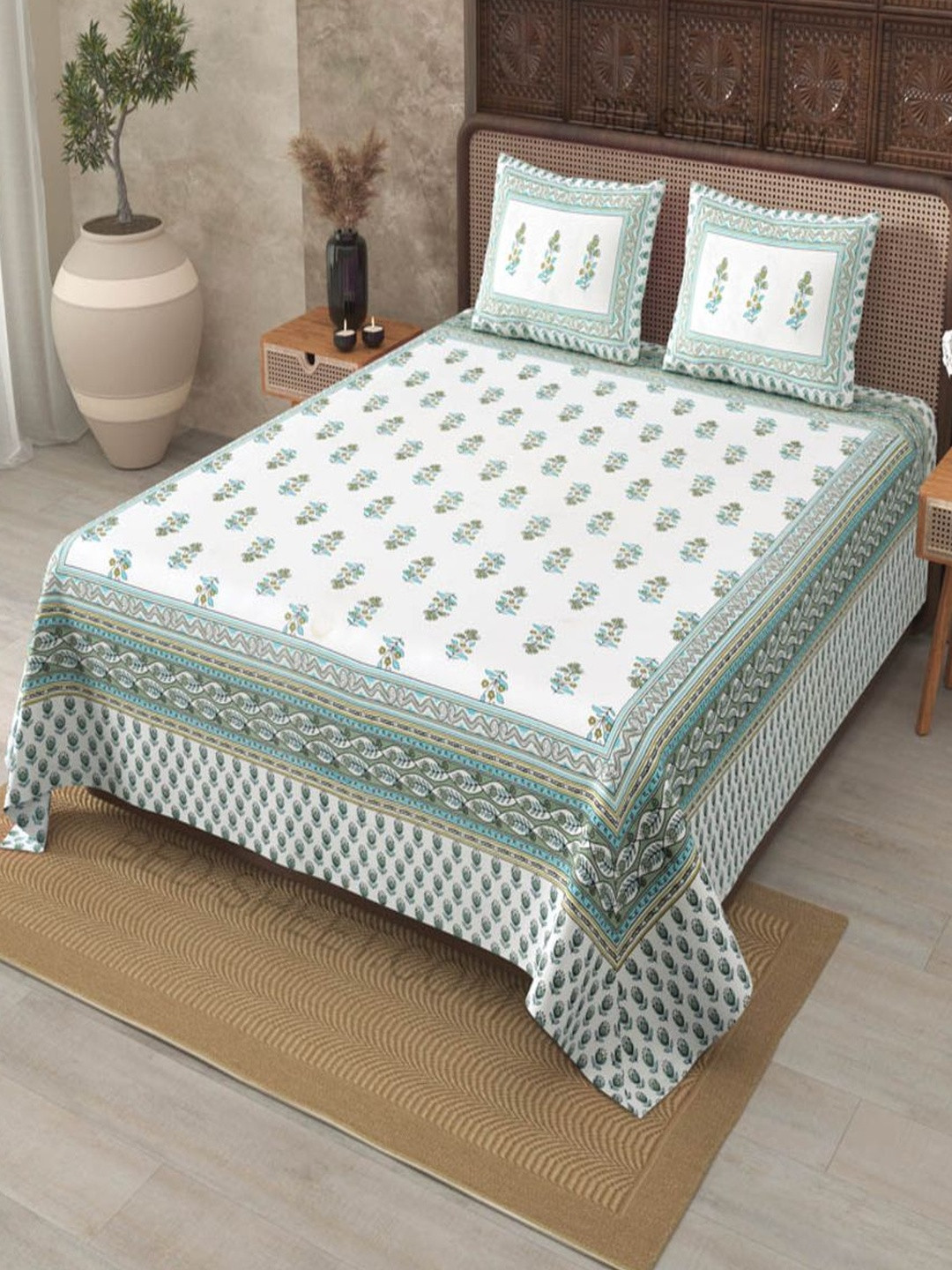 Myntra Elegant Homes Ethnic Motifs Printed Cotton Queen Bedsheets with Two Pillow Covers