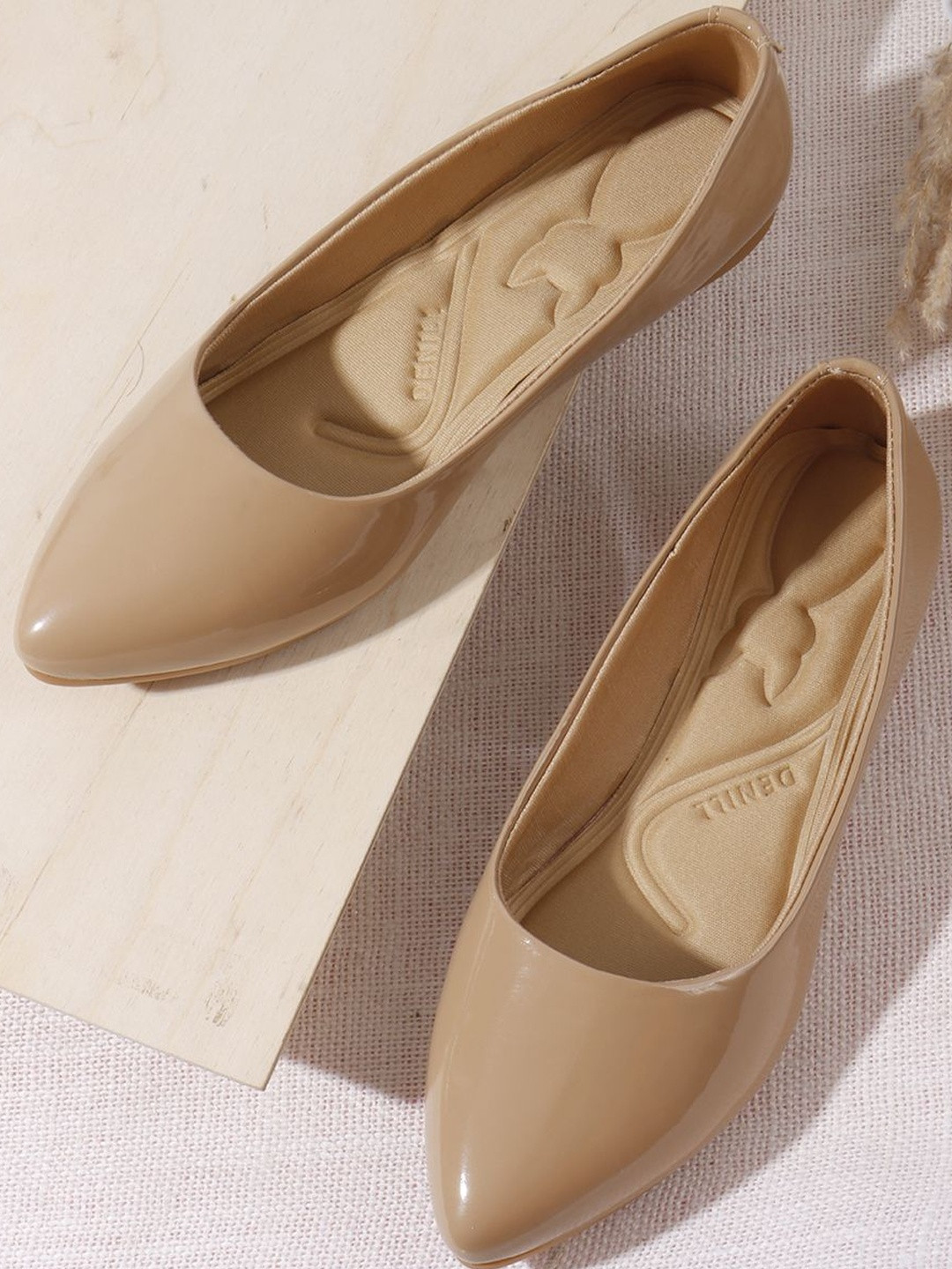 Denill Women Glossy Beige Pointed Toe Flats Ballerinas