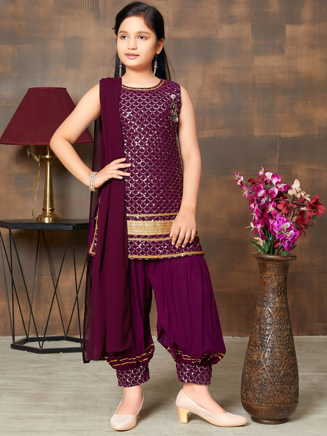 BAESD Girls Embroidered Sequin Lace Work Georgette Kurti Patiala Set