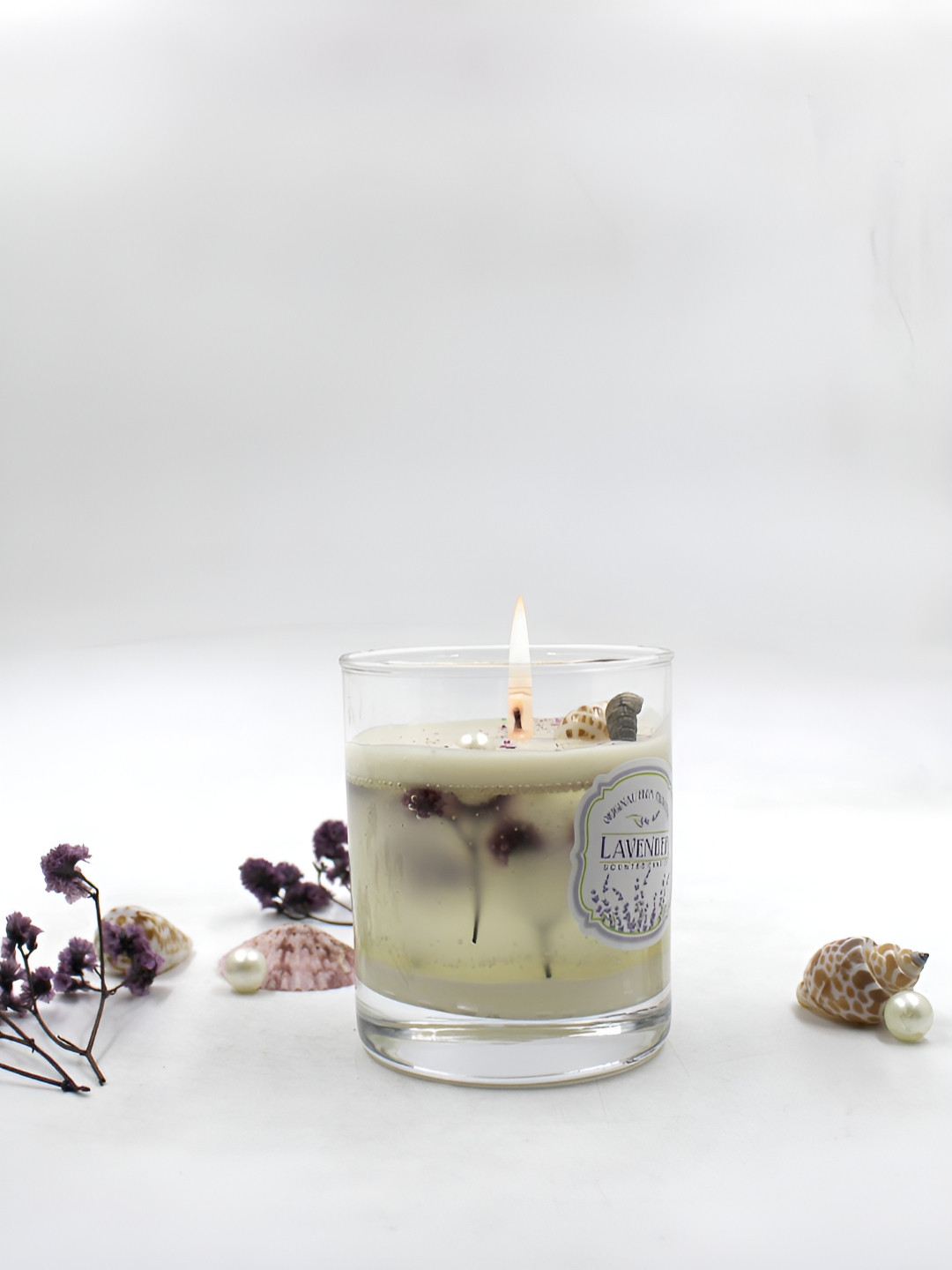 RANDOM Transparent & Cream-Coloured Lavender Glass Soy & Gel Wax Candle