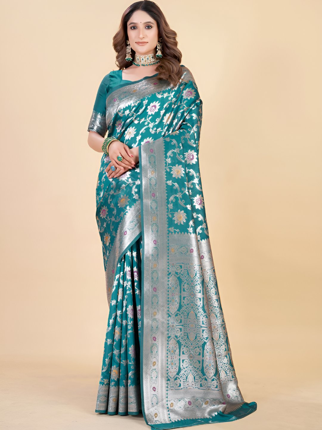 Aagrahi fashion Turquoise Blue Floral Woven Design Banarasi Saree