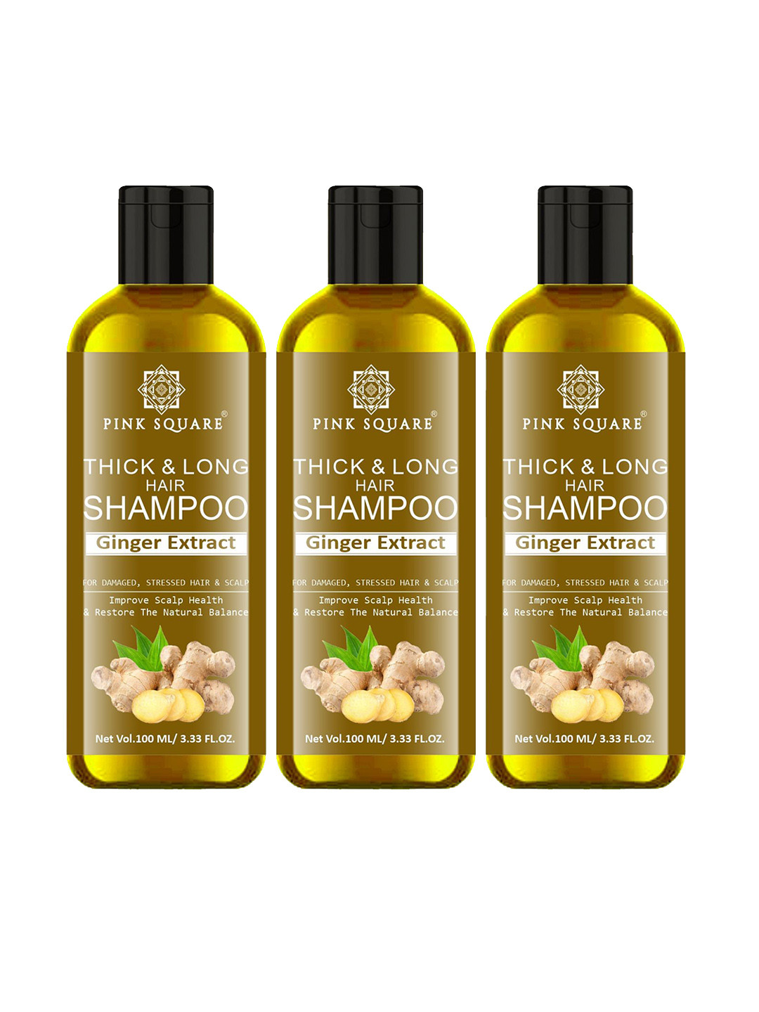 Pink Square Set Of 3 Thick & Long Hair Shampoo With Ginger Extract - 100 ml Each