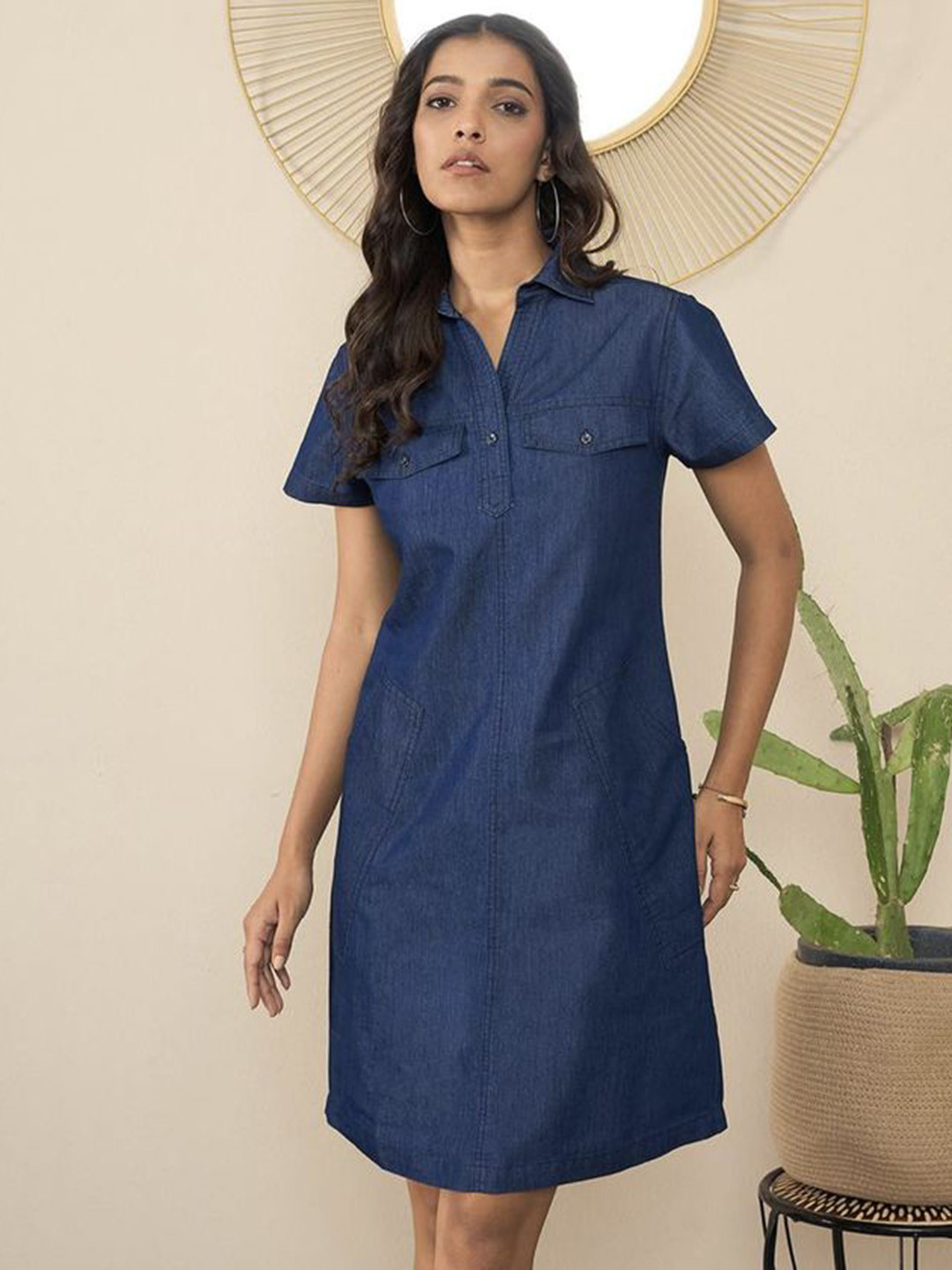 MANGGO Solid Shirt Collar Utility Pockets Denim Shirt Dress