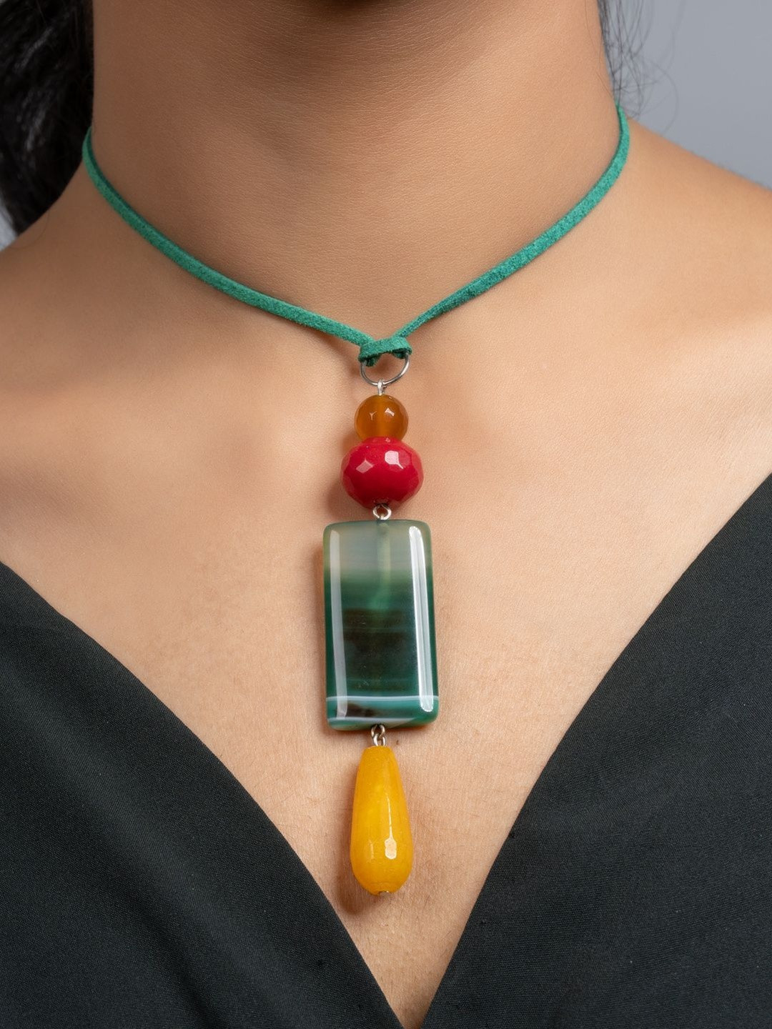 Look and Adorn Yellow Green Red Onyx Agate Suede Cord Sleek Necklace