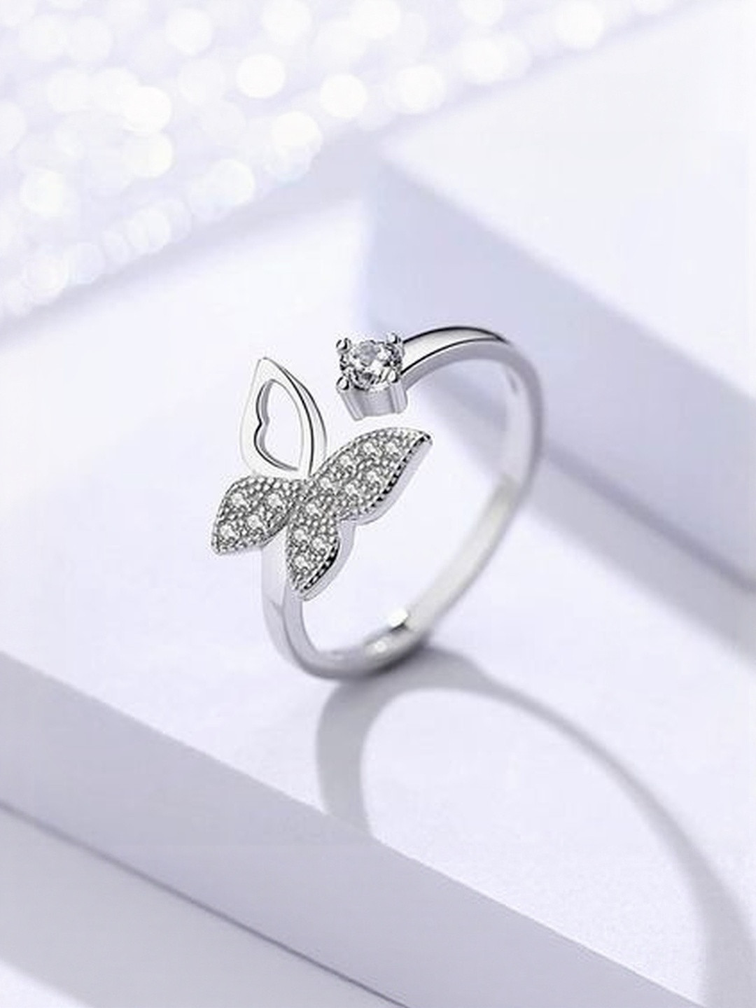 DZOIR Silver-Plated Butterfly Shaped American Diamond Studded Adjustable Ring