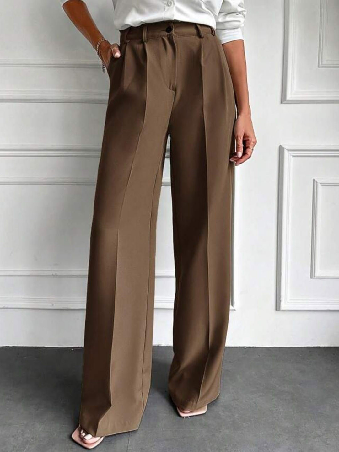 Next One Women Smart Loose Fit High-Rise Easy Wash Pleated Korean Trousers