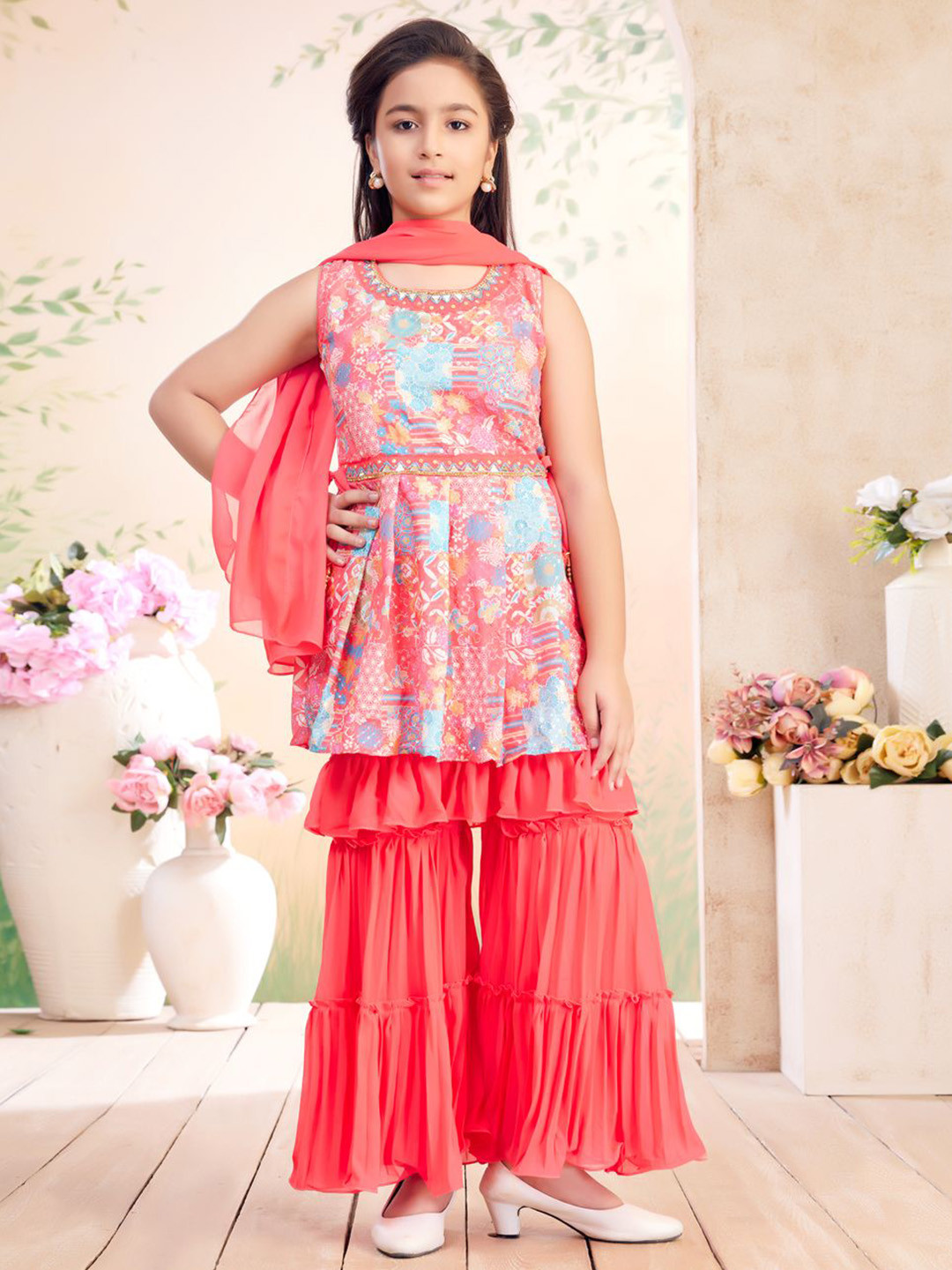 BAESD Girls Gajri Floral Print Hand Embriodery Georgette Kurti Sharara Set With Dupatta