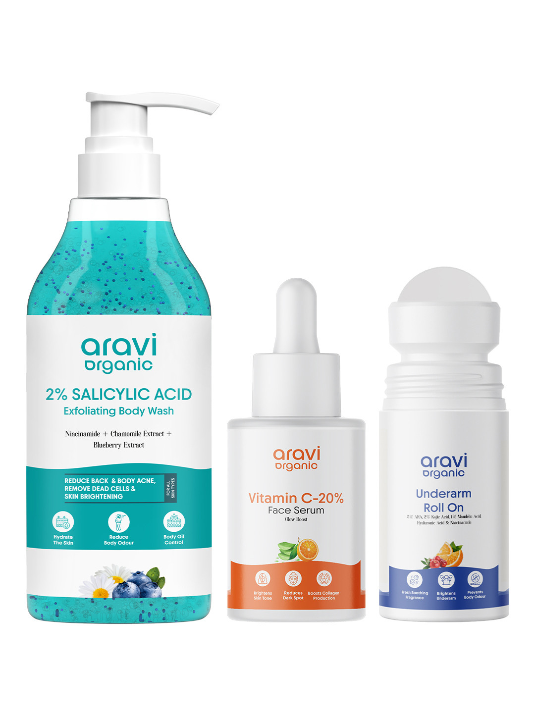 Aravi Organic Set Of 3 Vitamin C Face Serum Body Wash & Under Arm Roll On