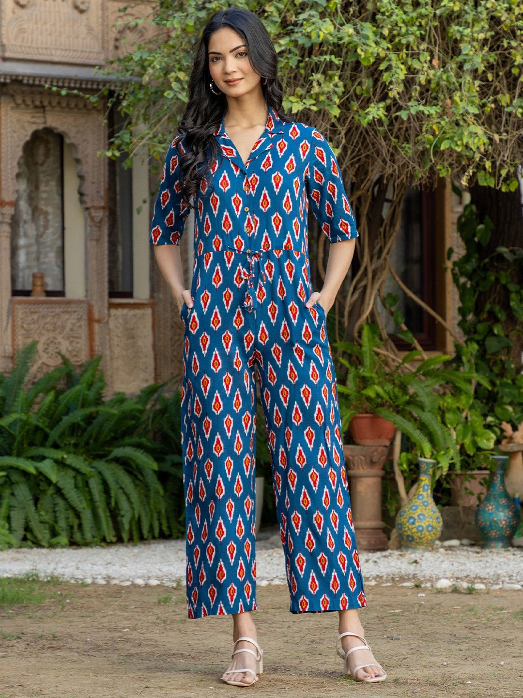 4 STOCK Ethnic Motifs Printed Lapel Collar Basic Jumpsuit