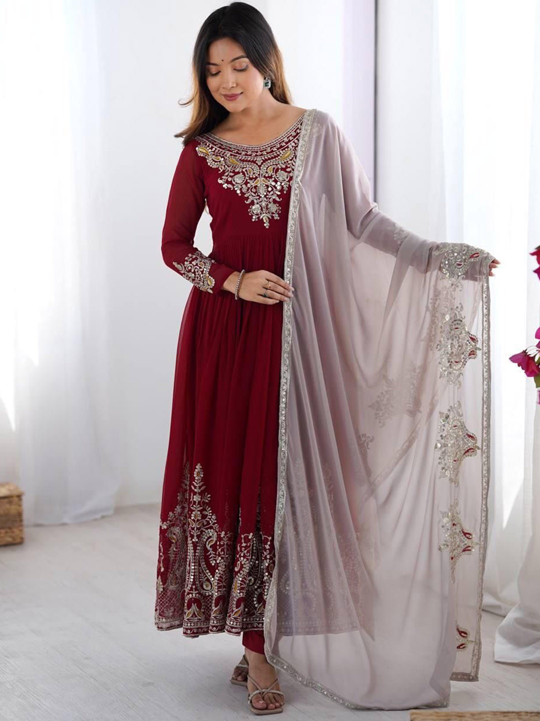 FVD Ethnic Motifs Embroidered Tiered Anarkali Kurta With Trousers & Dupatta
