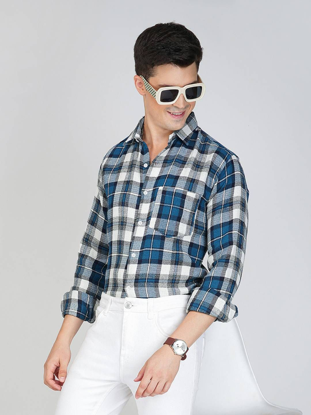 SOLSTICE Men Comfort Fit Tartan Checked Spread Collar Pure Cotton Smart Casual Shirt