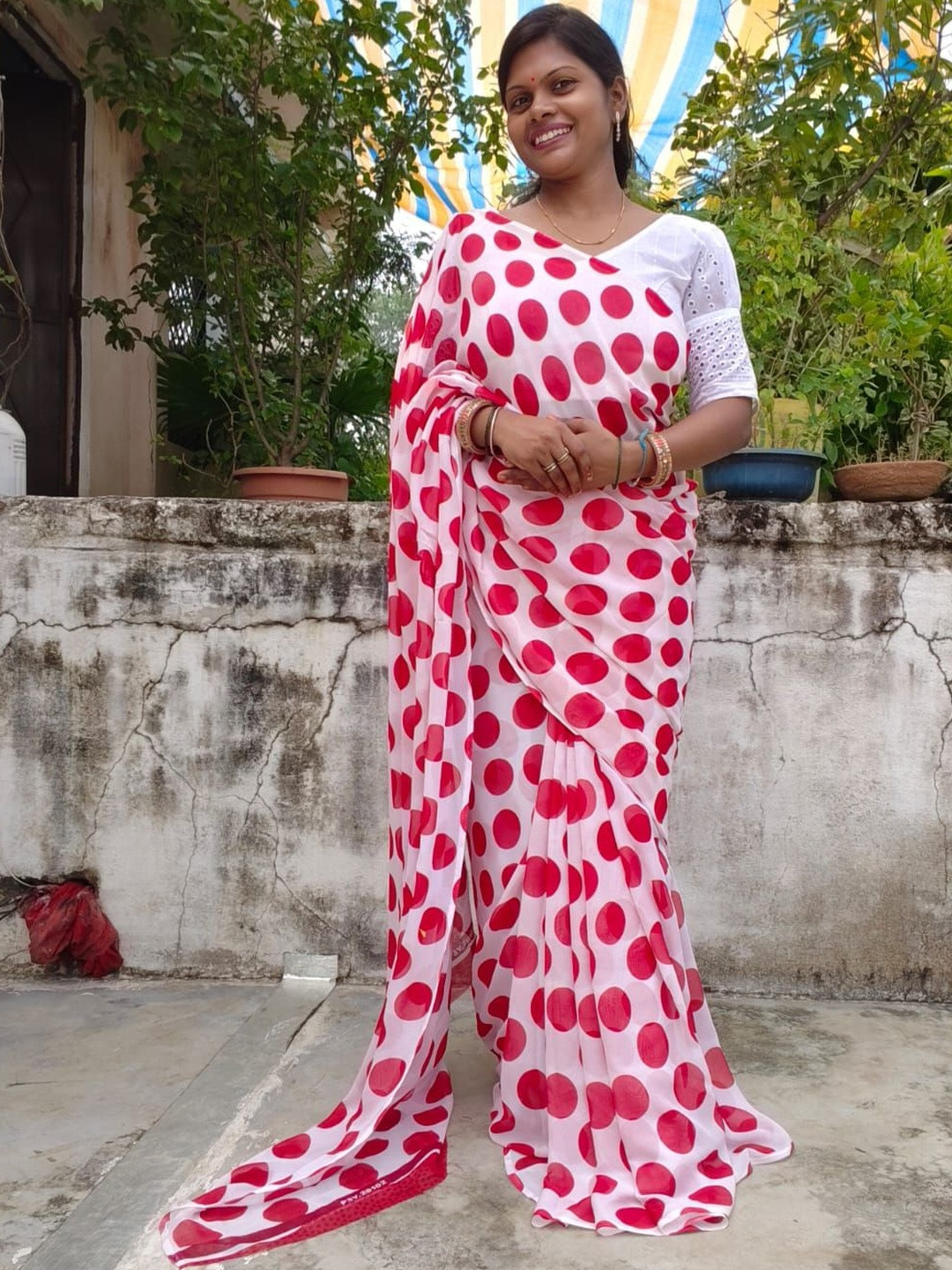Moda Rapido Wome Red & White Polka Dot Poly Georgette Designer Saree
