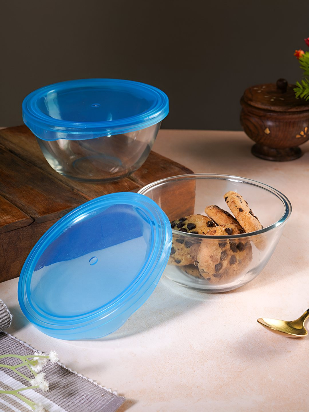 Aura Transparent & Blue 2 Pieces Glass Dishwasher and Microwave Safe Fridge Containers