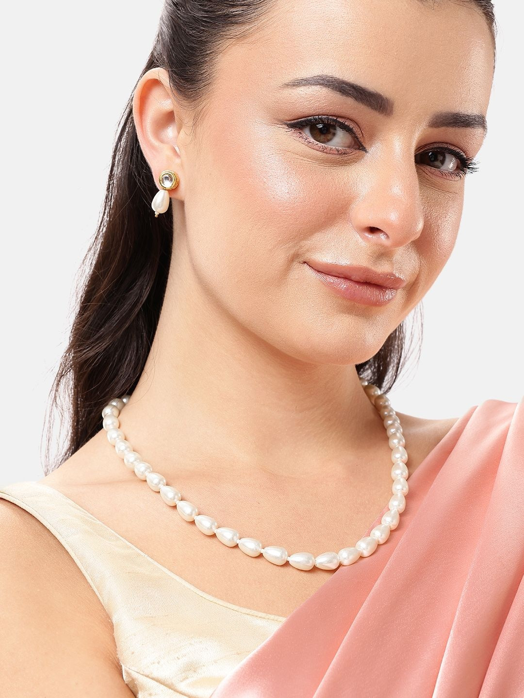 DressBerry Pearls Kundan Beaded Single Line Necklace Jewelry Set