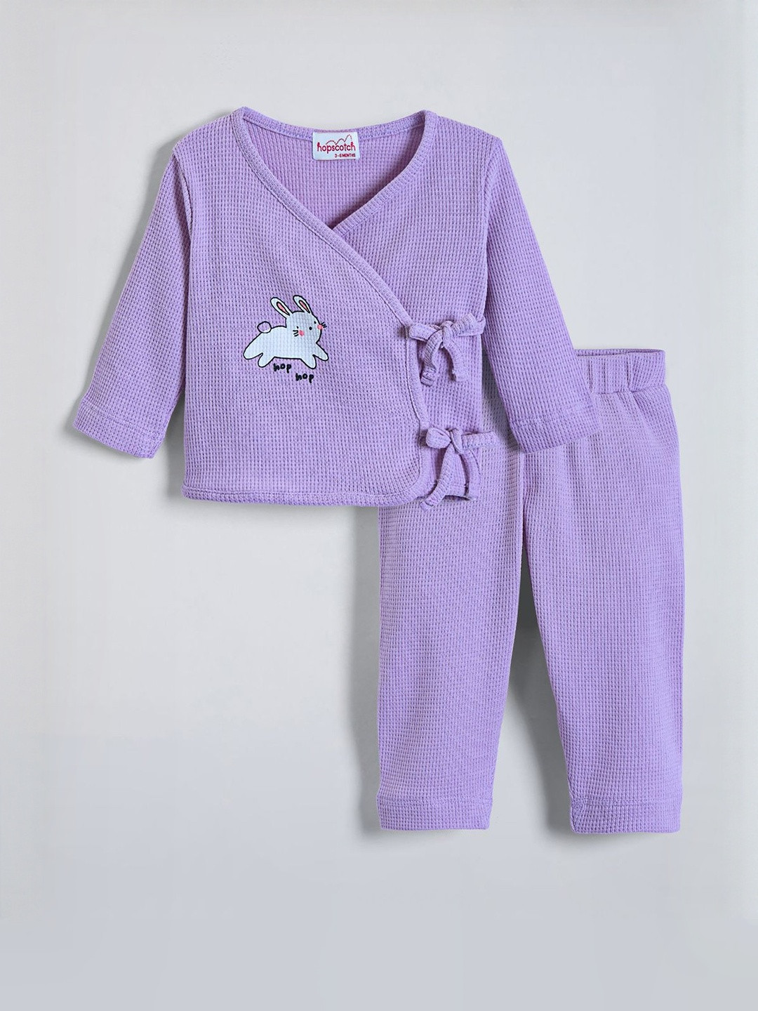 Hopscotch Unisex Kids Purple Bunny Printed Angrakha Wrap Cotton Top With Slip On Pyjamas