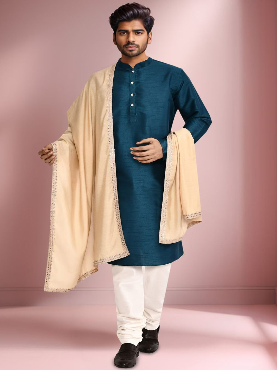 Simaaya Men Solid Long Kurta and Pyjamas with Dupatta Set