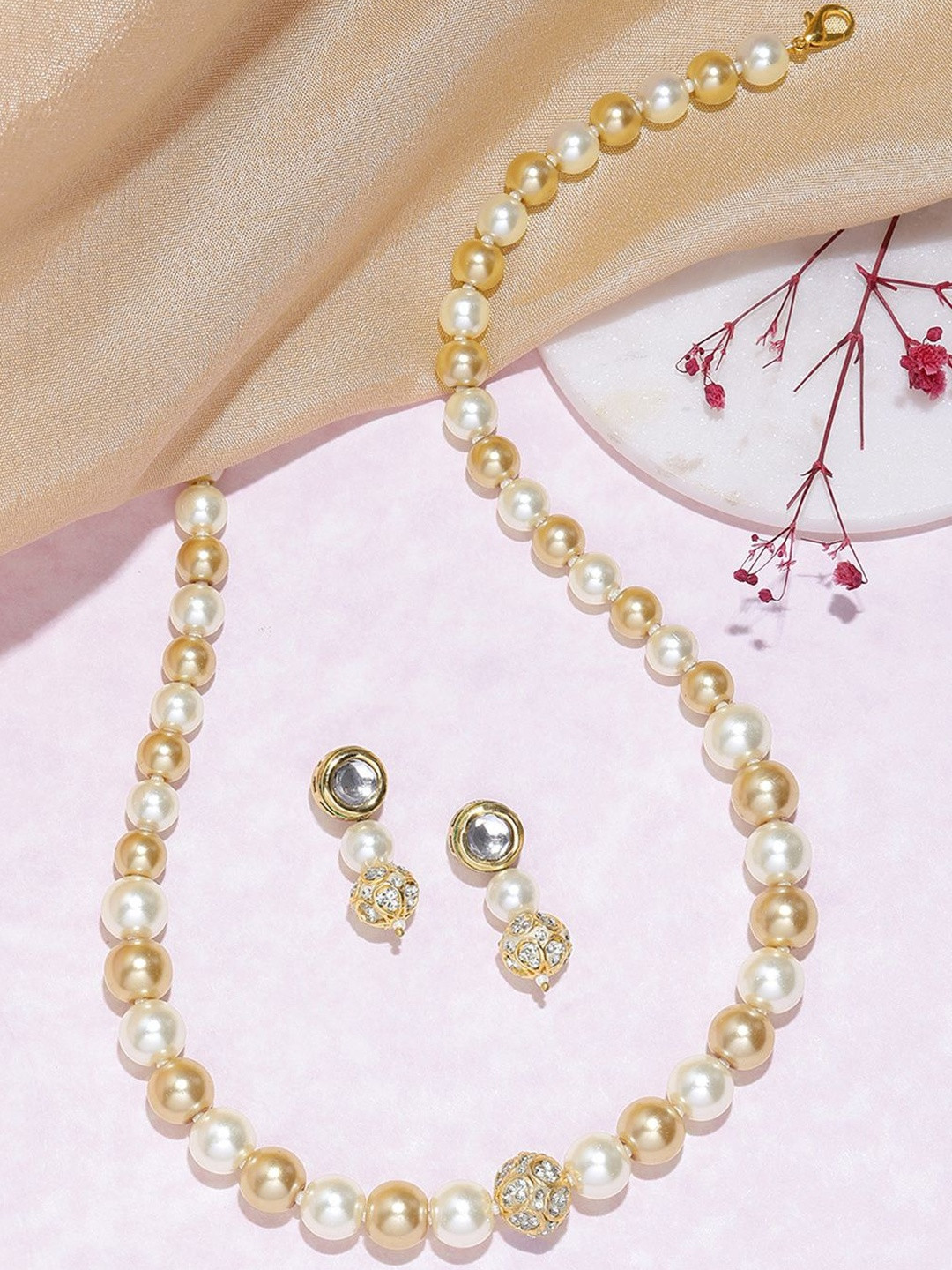 DressBerry Women Pearls Kundan AD Stone Beaded Necklace Jewelry Set