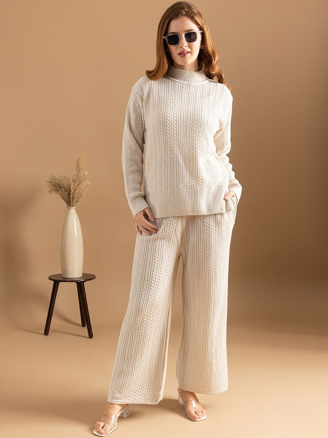 The Roadster Lifestyle Co Self Design Cable Knit Sweater & Wide-Leg Trousers Co-Ords
