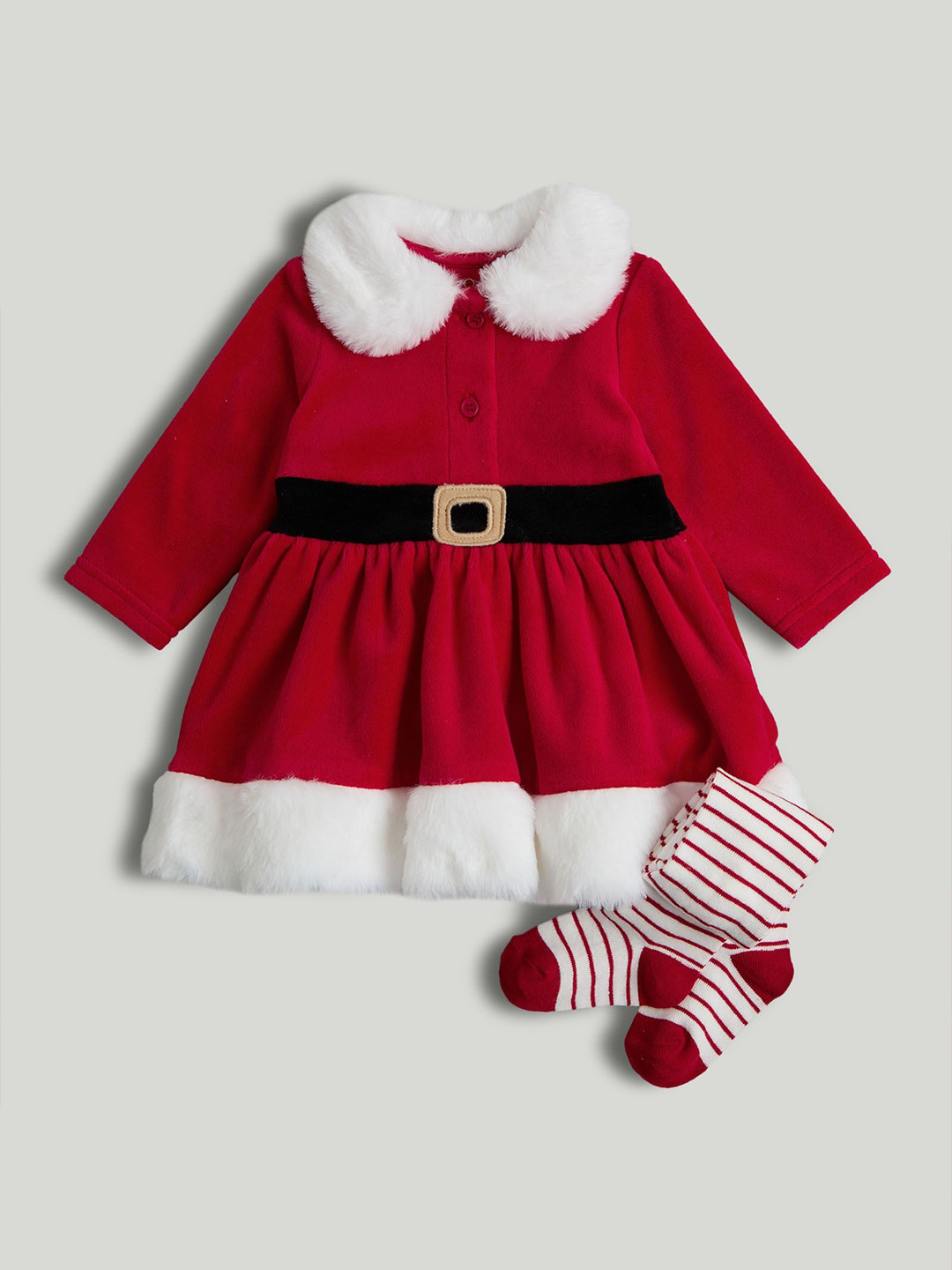 mothercare Girls Colourblocked Peter Pan Collar Full Sleeve Fit & Flare Dress With Tights