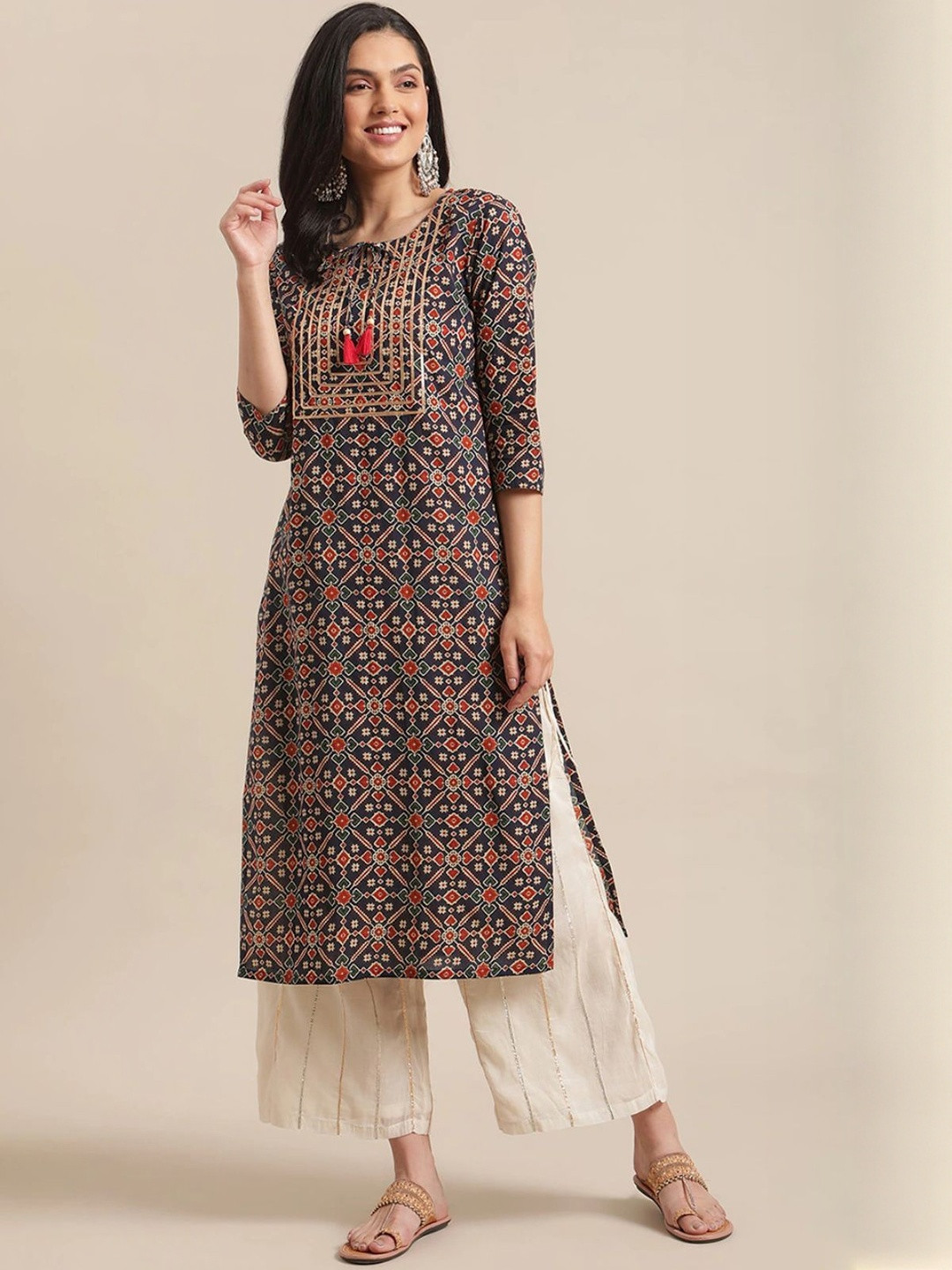 Amayra Women Printed Tie-Up Neck Cotton Kurtas