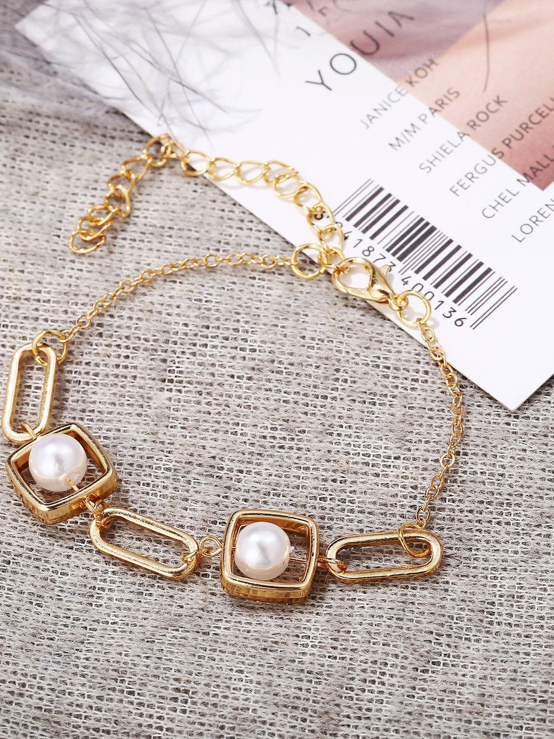 Arzonai Women Gold-Plated Pearl Link Bracelet