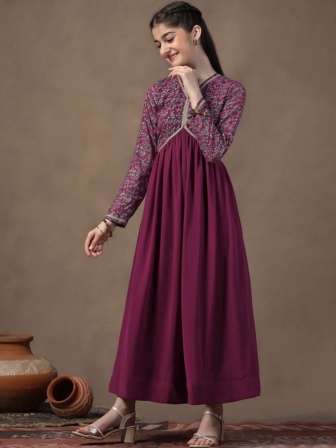 Sangria Girls Wine Foil Printed Georgette Fit & Flare Ethnic Dress
