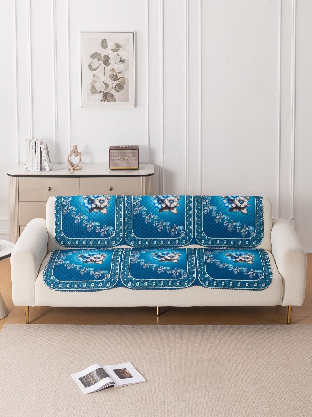 HOKIPO LoomVerse Blue & White 2 Pieces Printed 3 Seater Sofa Covers