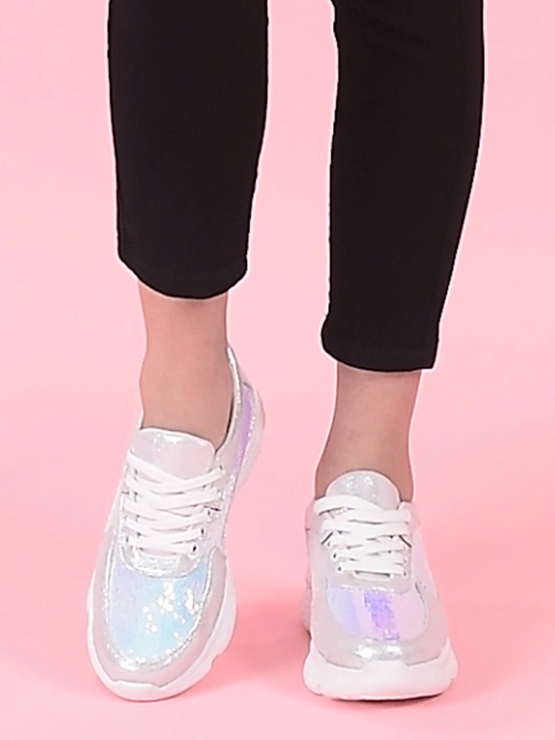 FAUSTO Women Silver-Toned Sequin Embellished Sneakers