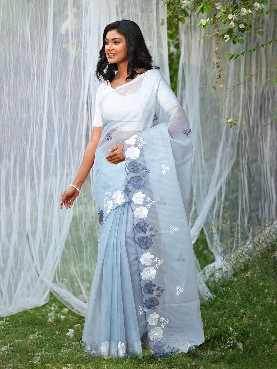 Unnati Silks Floral Embroidered Net Designer Kota Saree With Unstitched Blouse Piece