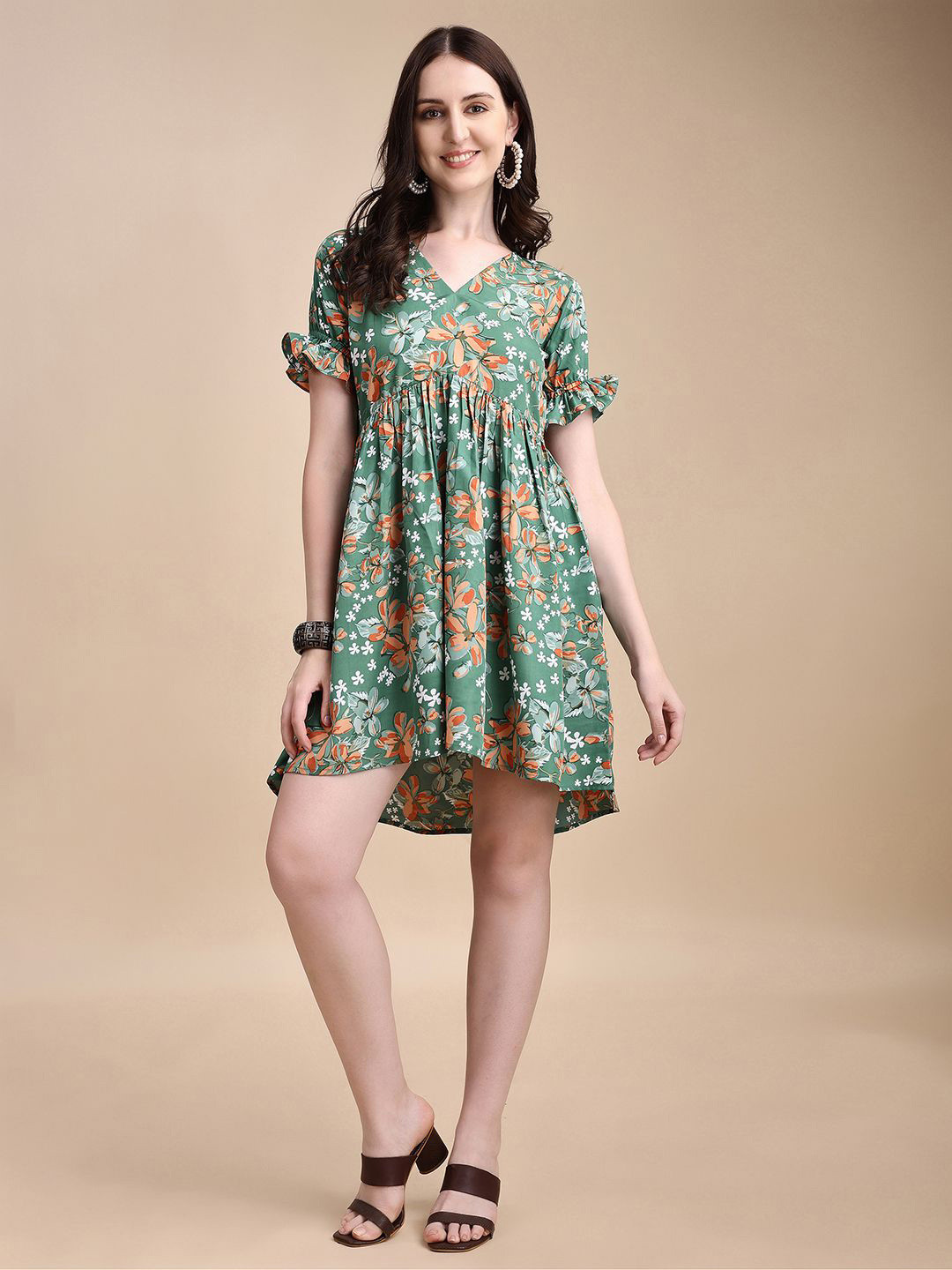 Aumira Floral Printed Crepe Ruffle Sleeves Gathered or Pleated A-Line Dress