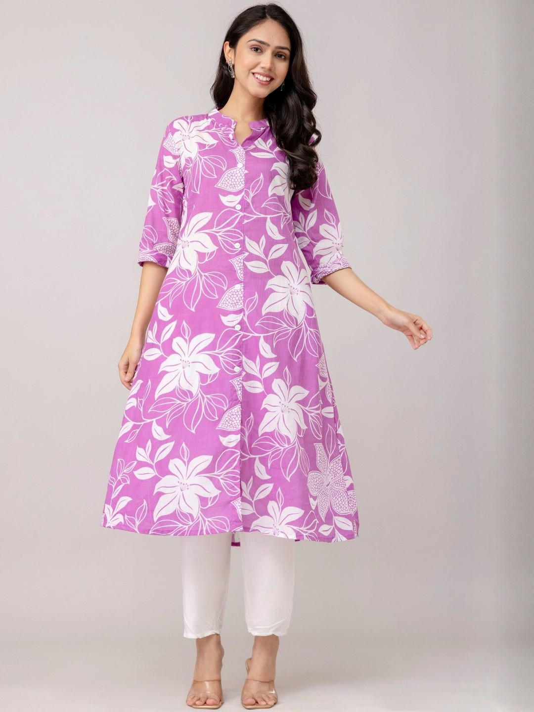 RA Creation Women Floral Printed Mandarin Collar Button Down Detail Pure Cotton Kurti