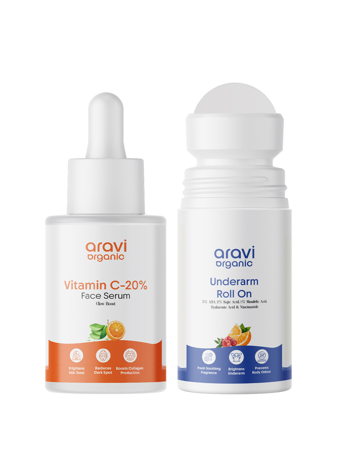 Aravi Organic Set Of 2 Vitamin C Face Serum- 30 ml & Underarm Roll-On- 50 ml
